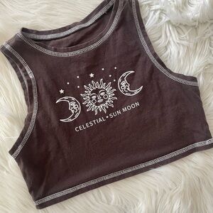 Celestial Sun Moon Crop Tank Top Size XS Brown Boho Earth Sleeveless